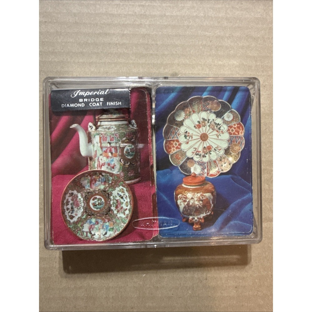 Vintage Whitman Playing Cards Double Deck MCM Tea China Dish Print Colorful Case
